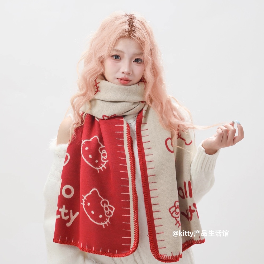 正品 凱蒂貓kitty雙面圍巾 披肩 圍巾 可愛少女心保暖 圍脖圍巾 兩用-細節圖10