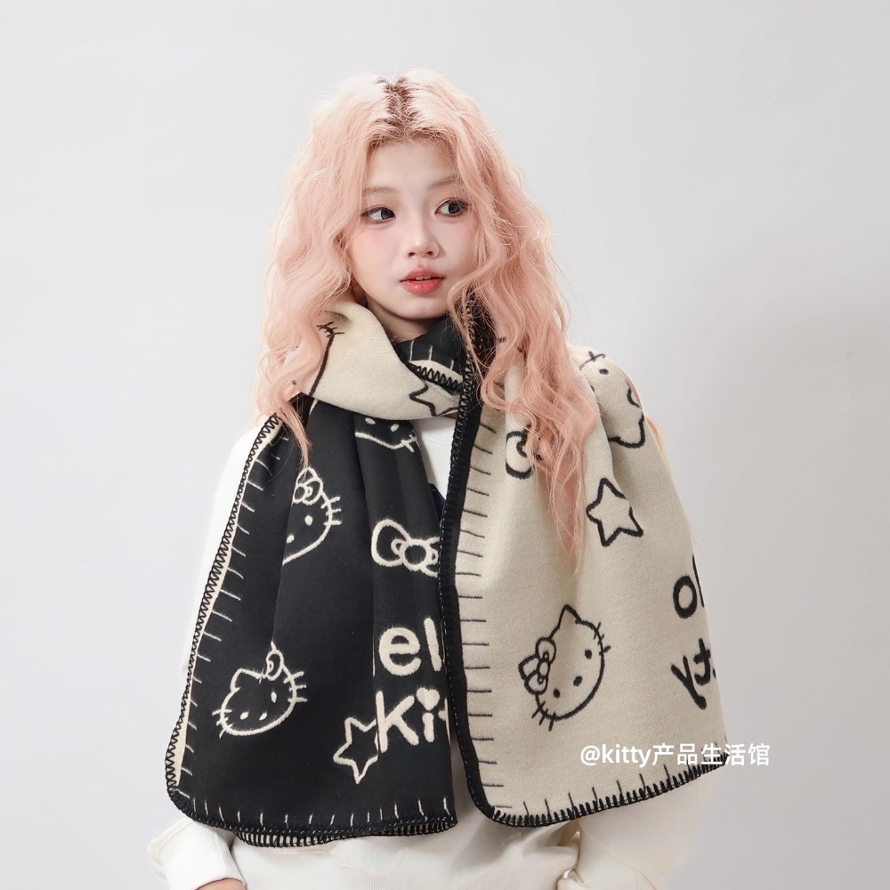 正品 凱蒂貓kitty雙面圍巾 披肩 圍巾 可愛少女心保暖 圍脖圍巾 兩用-細節圖11