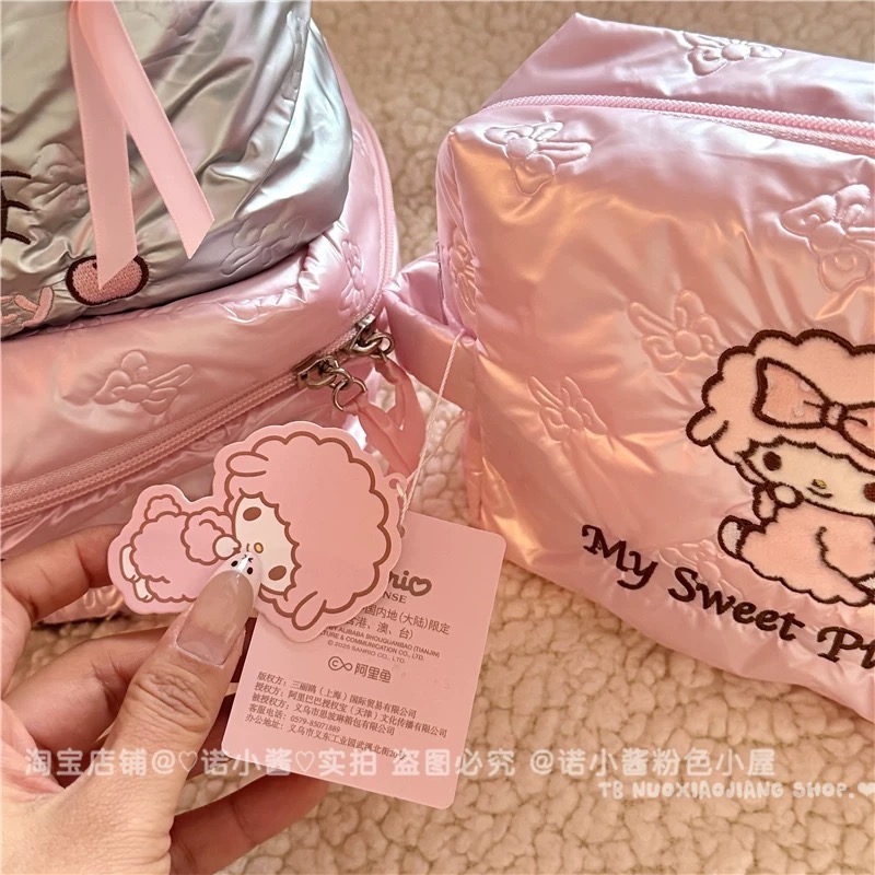 正品 三麗鷗KITTY羽絨布刺繡化妝箱 旅行便攜絲帶甜美手拿包-細節圖5