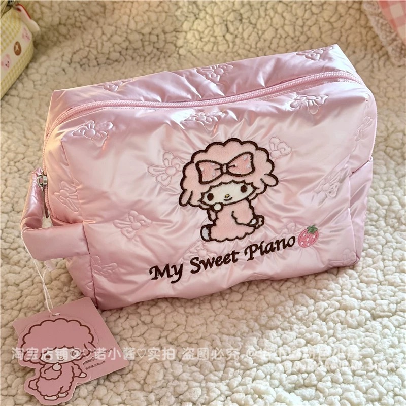 正品 三麗鷗KITTY羽絨布刺繡化妝箱 旅行便攜絲帶甜美手拿包-細節圖7