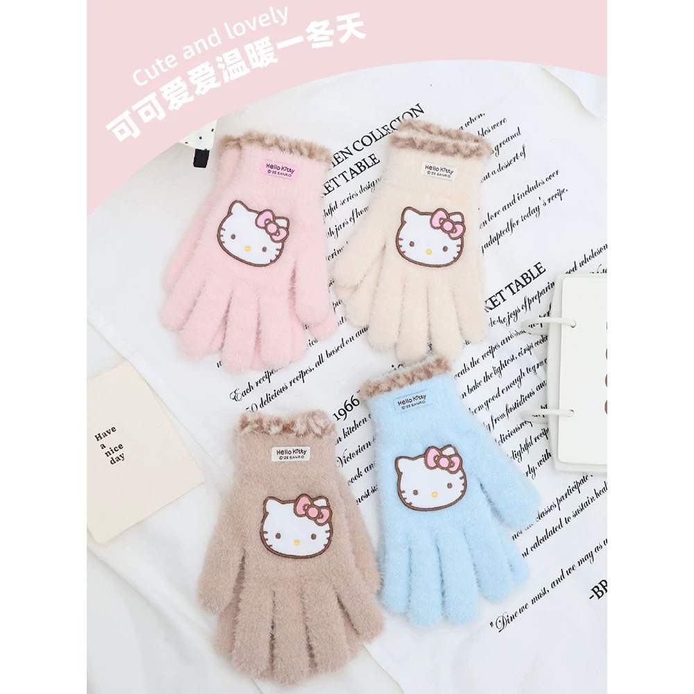 正品 kitty保暖手套 秋冬季可愛卡通可露手指保暖毛茸茸五指 可觸屏-細節圖3