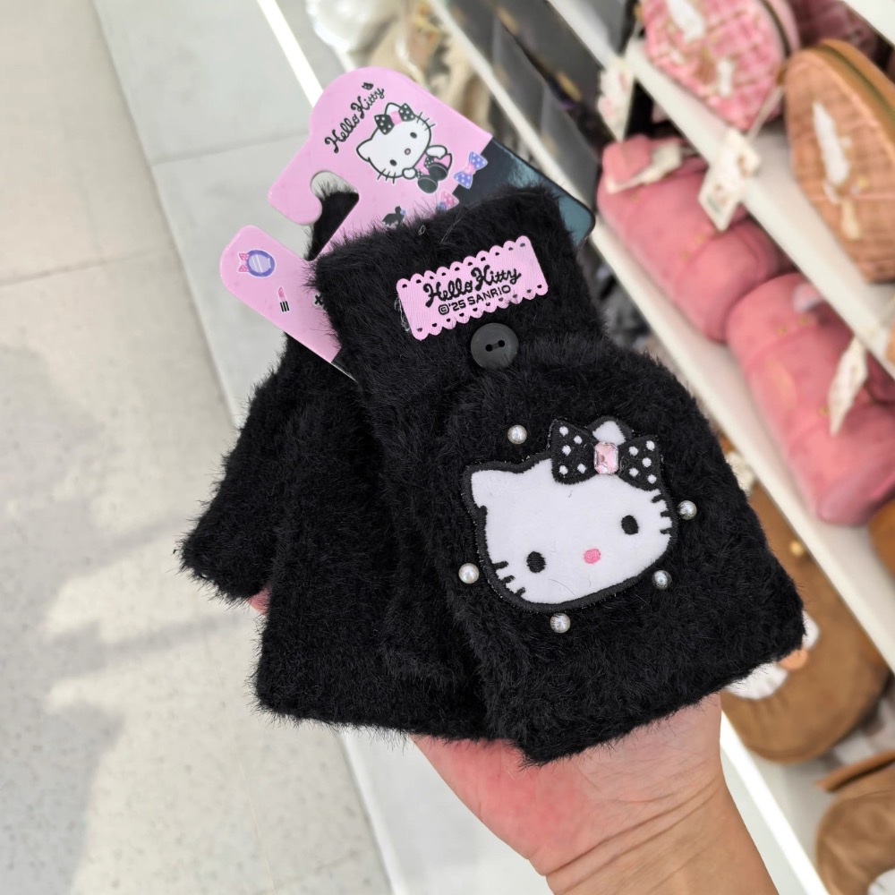 正品 MINISO名創優品凱蒂貓Hello Kitty閃閃派對-成人半指可愛毛絨手套 手套🧤-細節圖3
