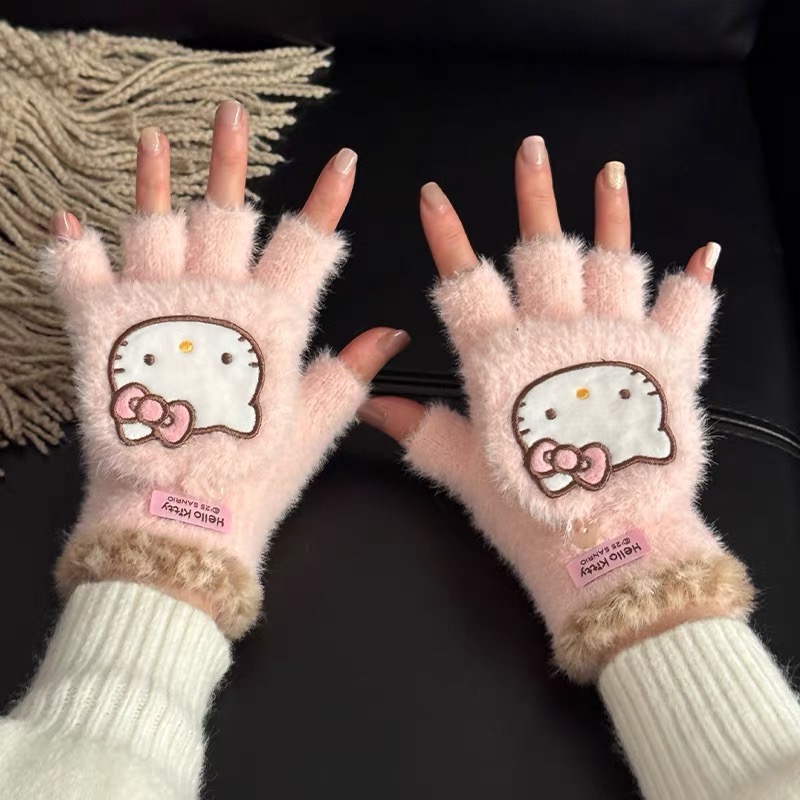 正品 kitty手套 秋冬季騎行 保暖防寒風針織毛線可觸控螢幕 成人五指 手套🧤-細節圖6