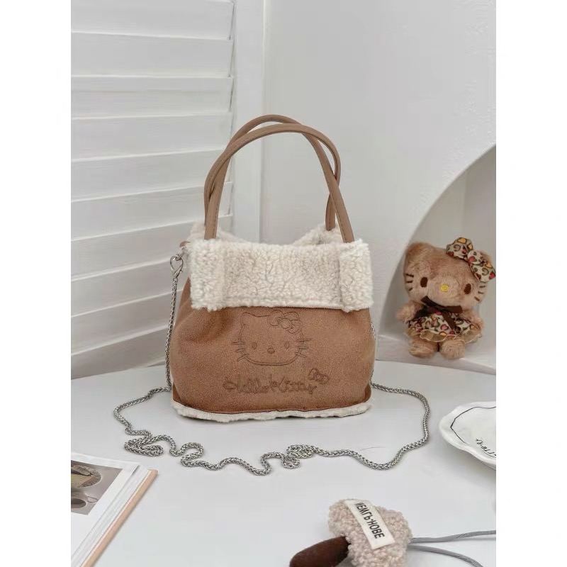 正品 秋冬新品kitty毛絨麂皮絨托特包 手提包 斜挎包17x16x12cm-細節圖6