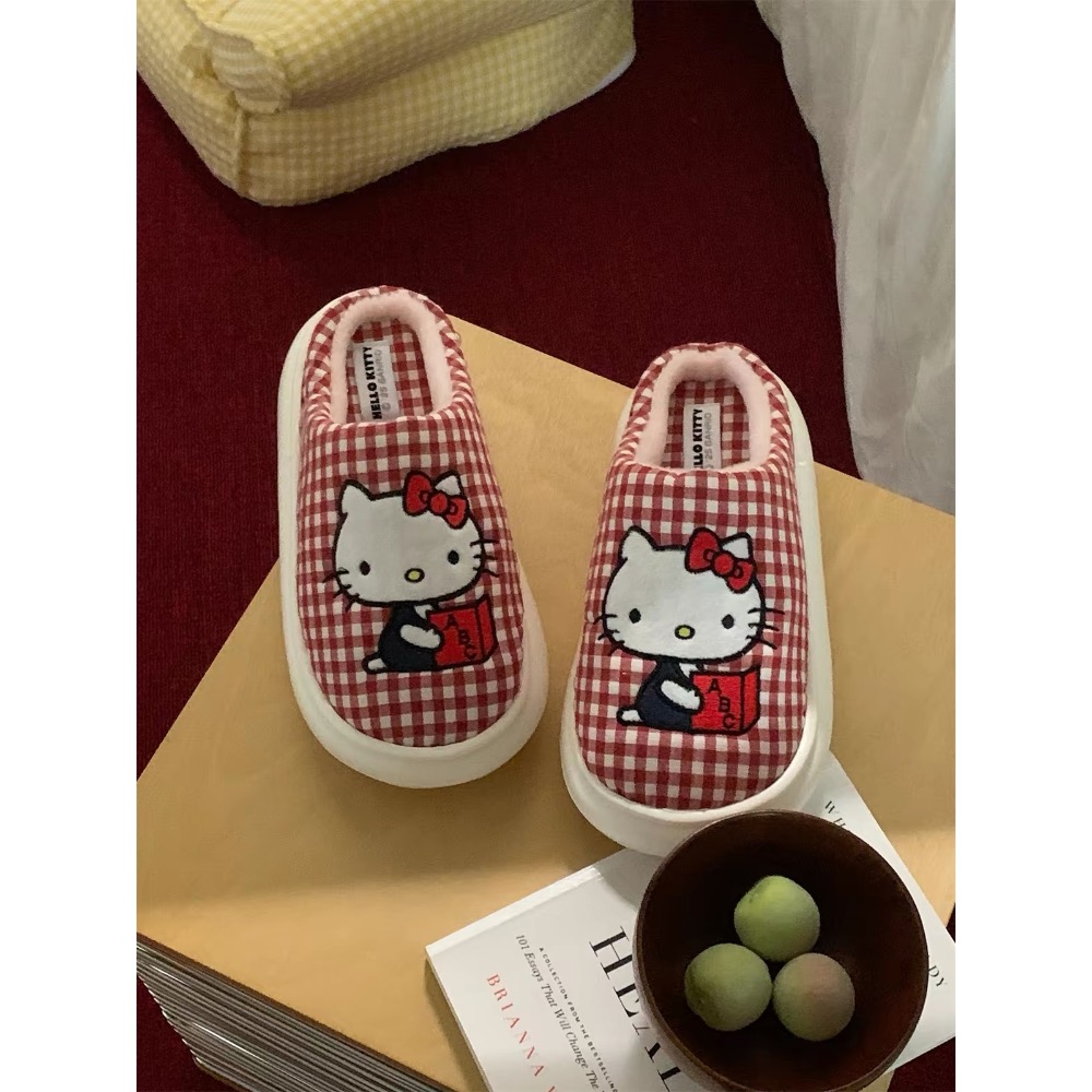 正品 可愛Hello Kitty貓 棉拖鞋 保暖居家撞色格紋月子鞋 拖鞋-細節圖2