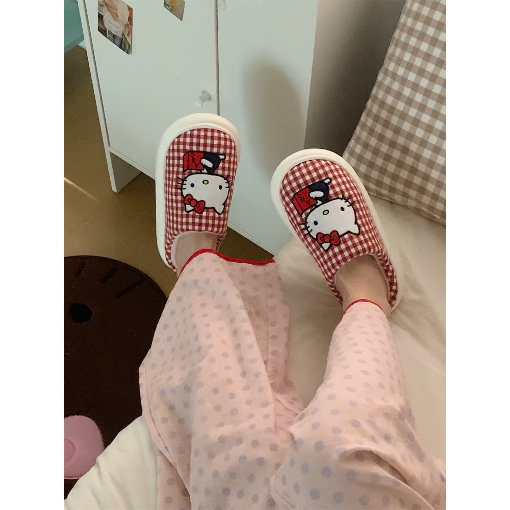 正品 可愛Hello Kitty貓 棉拖鞋 保暖居家撞色格紋月子鞋 拖鞋-細節圖4