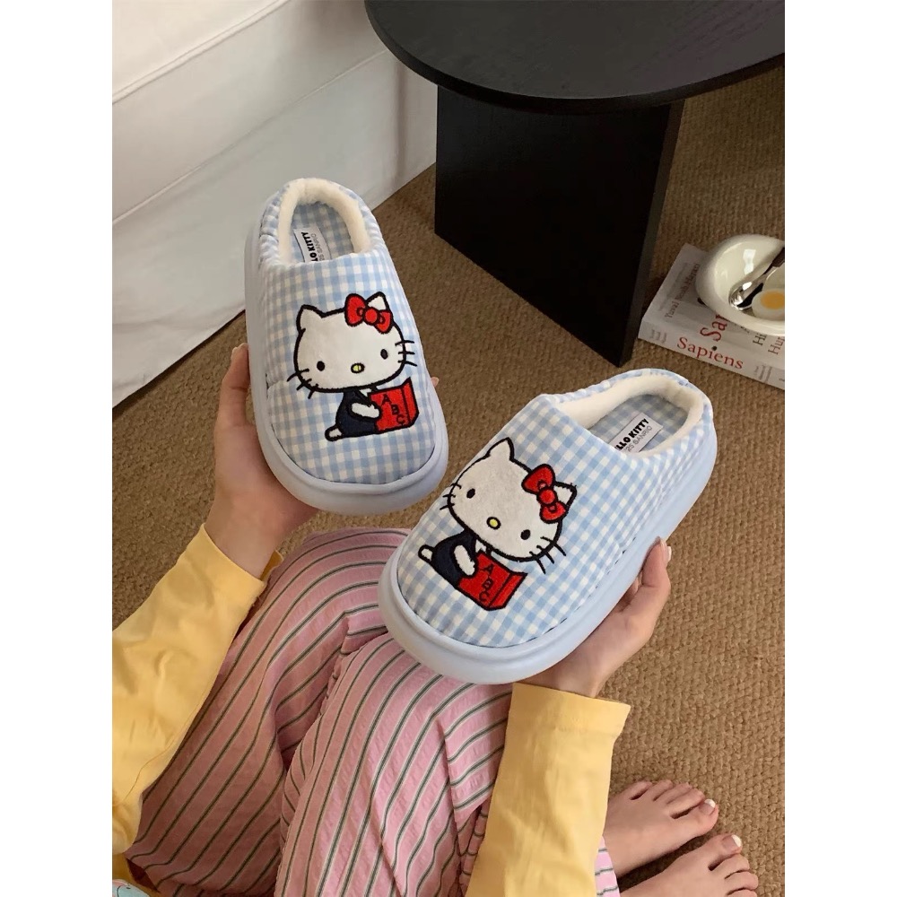 正品 可愛Hello Kitty貓 棉拖鞋 保暖居家撞色格紋月子鞋 拖鞋-細節圖5