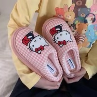 正品 可愛Hello Kitty貓 棉拖鞋 保暖居家撞色格紋月子鞋 拖鞋-細節圖6