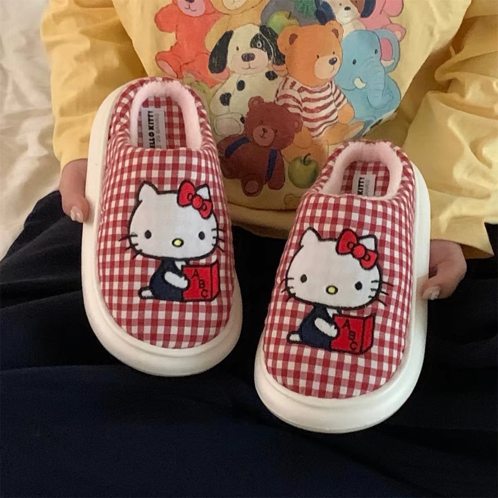 正品 可愛Hello Kitty貓 棉拖鞋 保暖居家撞色格紋月子鞋 拖鞋-細節圖7