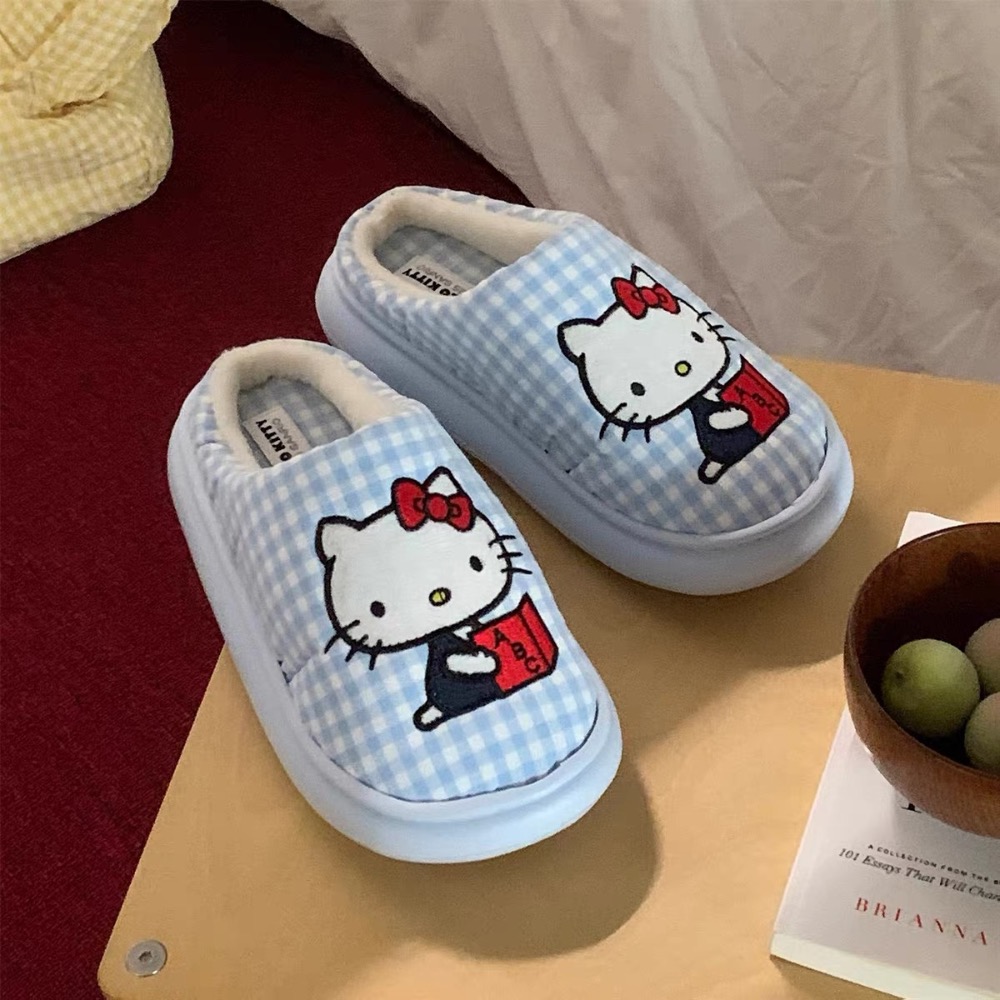 正品 可愛Hello Kitty貓 棉拖鞋 保暖居家撞色格紋月子鞋 拖鞋-細節圖8