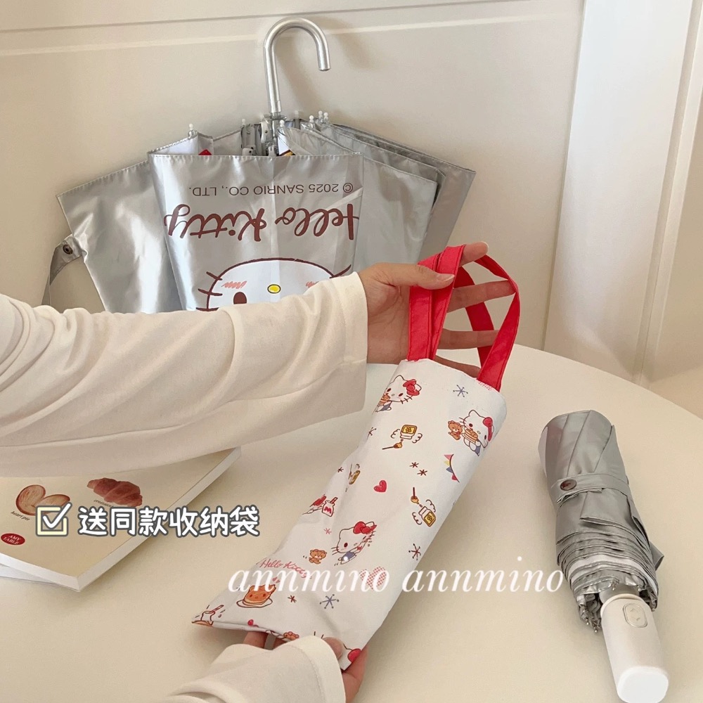 正品 Hello Kitty鈦銀彎鉤雨傘 折疊傘 可愛高顏值防曬 防紫外線 太陽傘-細節圖3