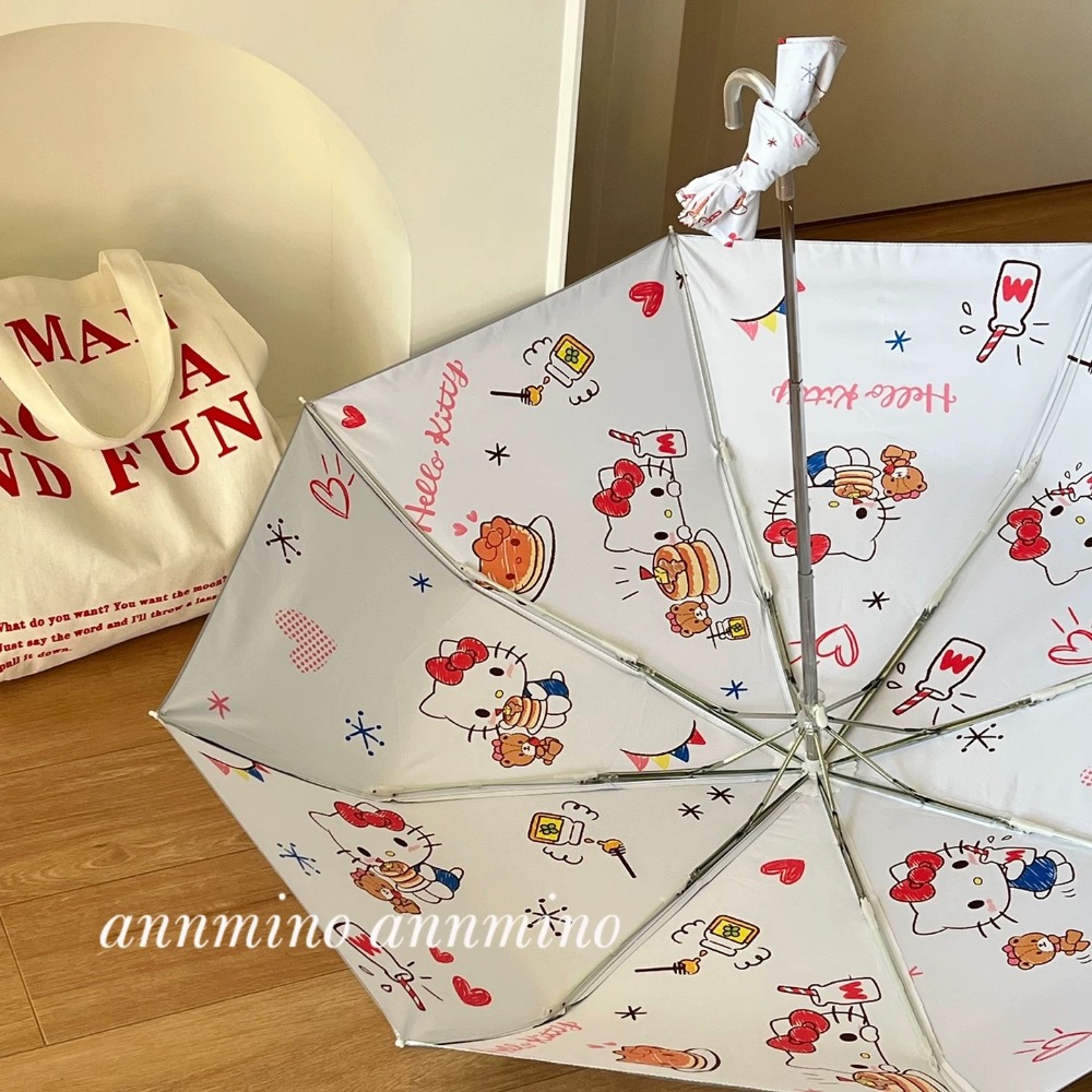 正品 Hello Kitty鈦銀彎鉤雨傘 折疊傘 可愛高顏值防曬 防紫外線 太陽傘-細節圖4