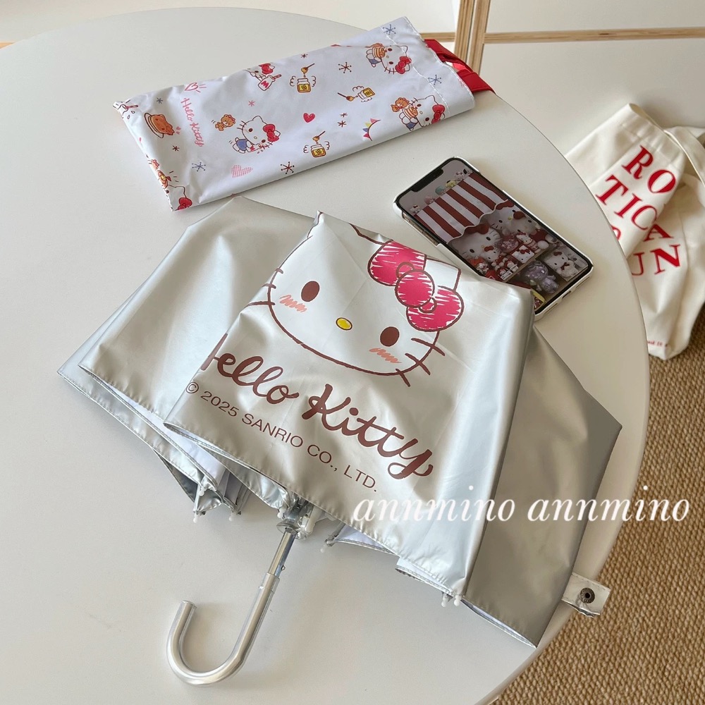 正品 Hello Kitty鈦銀彎鉤雨傘 折疊傘 可愛高顏值防曬 防紫外線 太陽傘-細節圖6