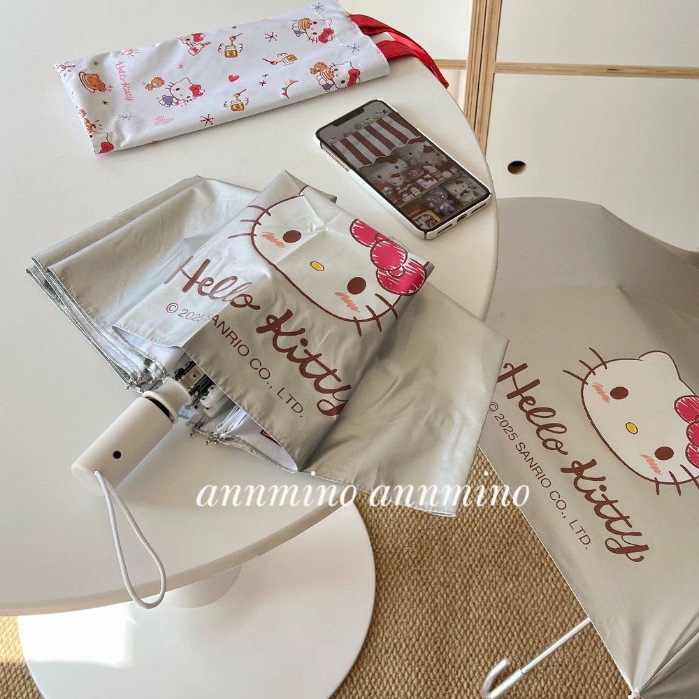 正品 Hello Kitty鈦銀彎鉤雨傘 折疊傘 可愛高顏值防曬 防紫外線 太陽傘-細節圖8