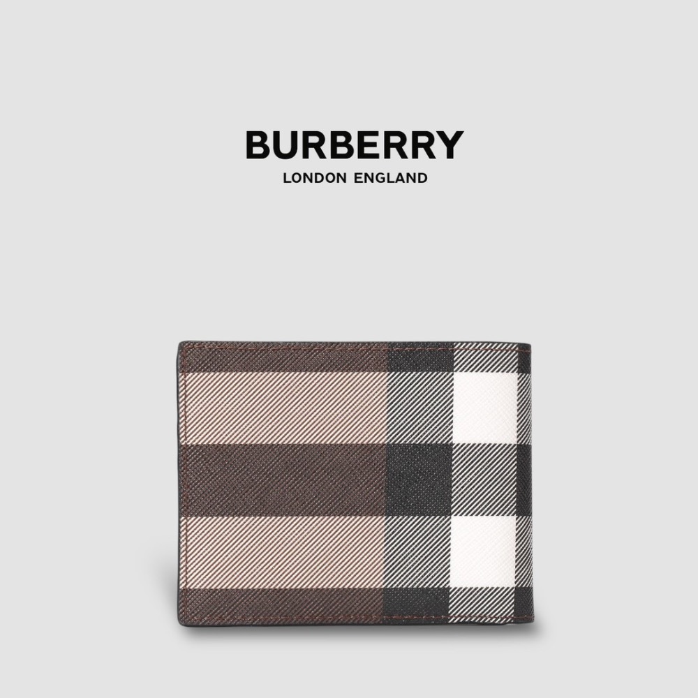👜Burberry  品牌字母徽標 經典格紋雙摺皮夾｜暗樺木棕色｜對折｜白色衍縫縫線｜8卡｜短夾｜錢夾｜錢包｜環保皮革-細節圖2