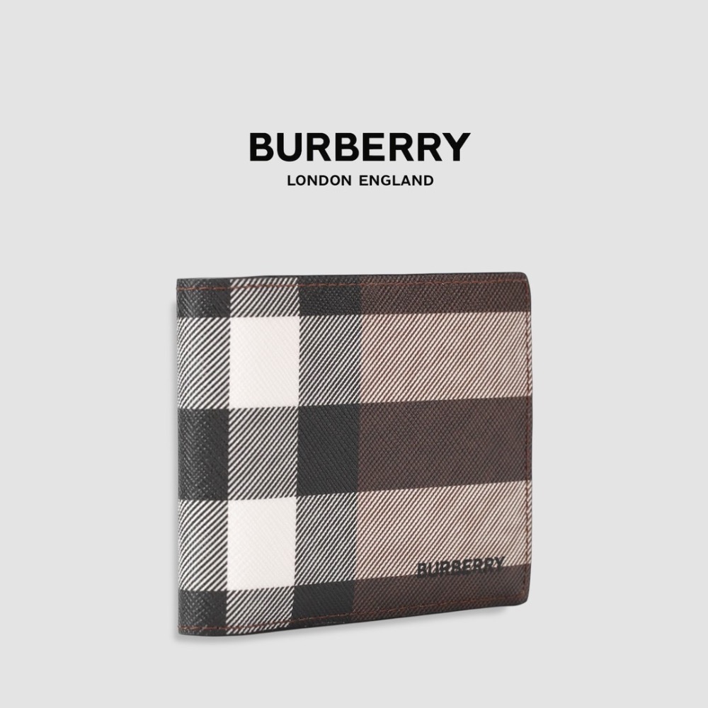 👜Burberry  品牌字母徽標 經典格紋雙摺皮夾｜暗樺木棕色｜對折｜白色衍縫縫線｜8卡｜短夾｜錢夾｜錢包｜環保皮革-細節圖4