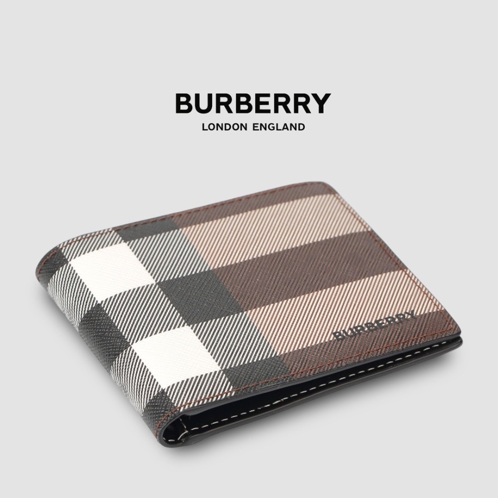 👜Burberry  品牌字母徽標 經典格紋雙摺皮夾｜暗樺木棕色｜對折｜白色衍縫縫線｜8卡｜短夾｜錢夾｜錢包｜環保皮革-細節圖5