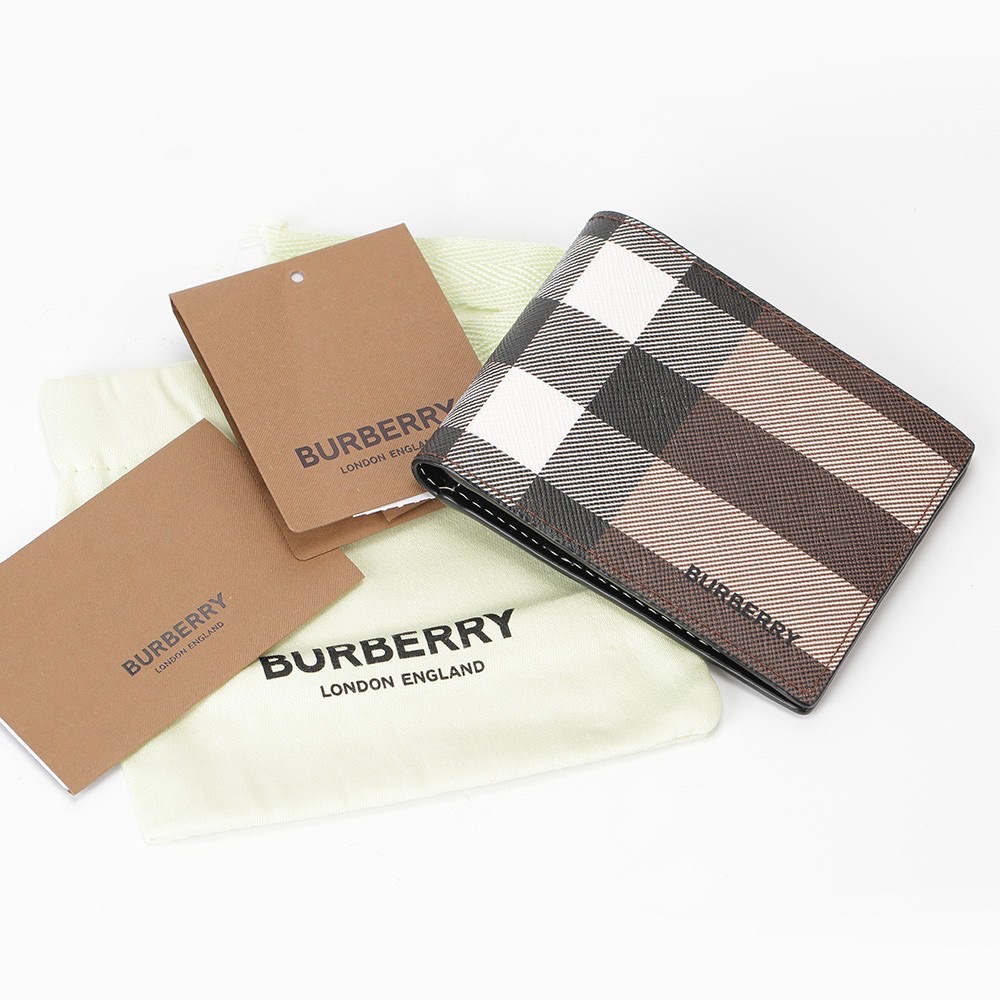 👜Burberry  品牌字母徽標 經典格紋雙摺皮夾｜暗樺木棕色｜對折｜白色衍縫縫線｜8卡｜短夾｜錢夾｜錢包｜環保皮革-細節圖8
