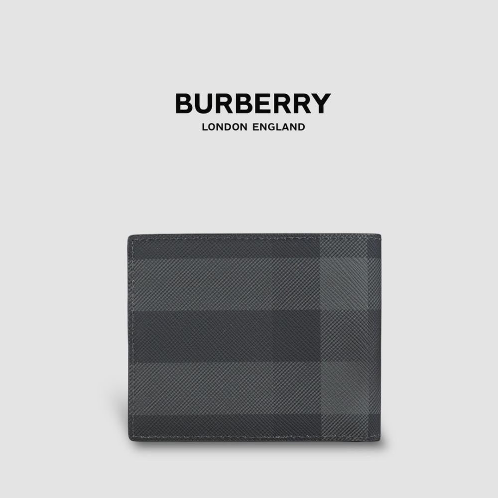 👜Burberry 品牌字母徽標 經典格紋雙摺皮夾｜炭灰色｜對折｜黑色衍縫縫線｜6卡｜短夾｜錢夾｜錢包｜環保皮革-細節圖2