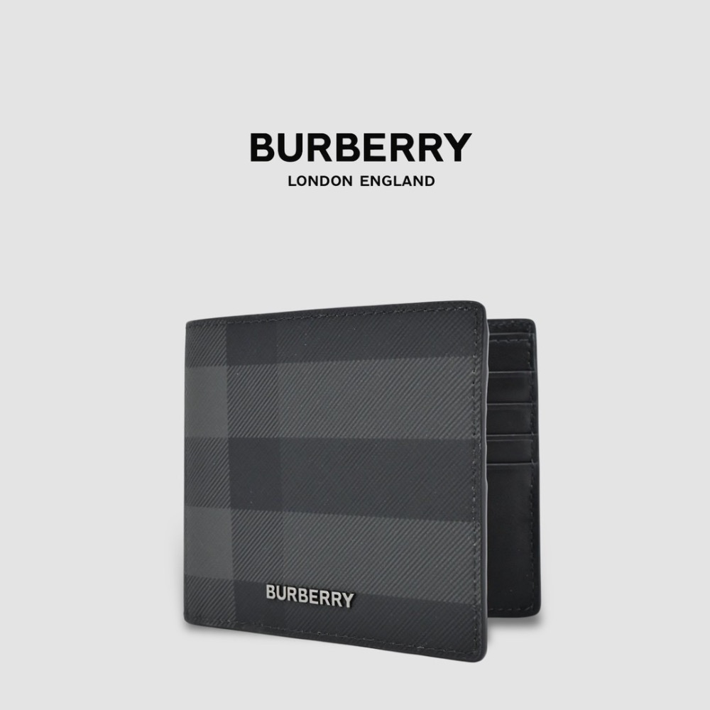 👜Burberry 品牌字母徽標 經典格紋雙摺皮夾｜炭灰色｜對折｜黑色衍縫縫線｜6卡｜短夾｜錢夾｜錢包｜環保皮革-細節圖3