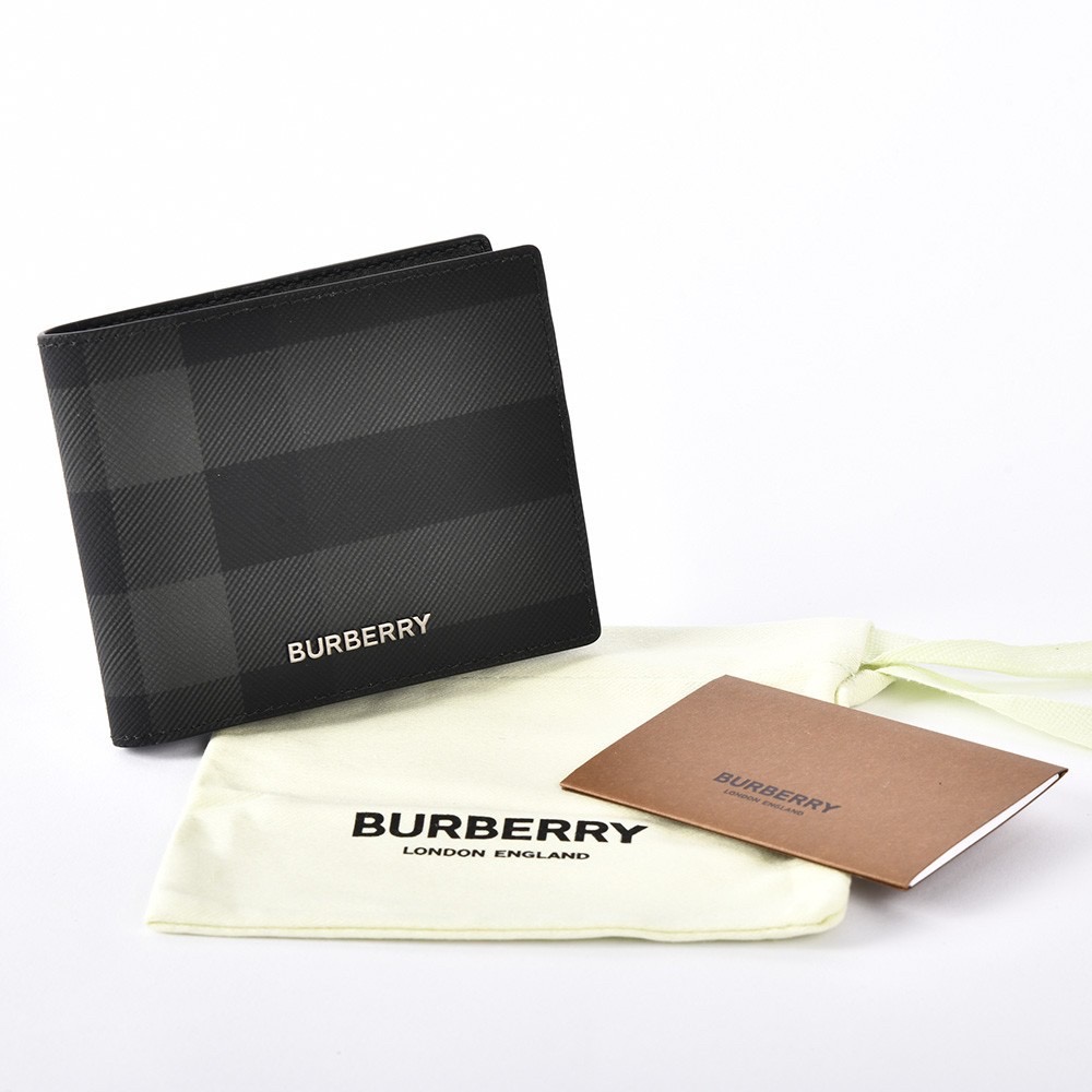 👜Burberry 品牌字母徽標 經典格紋雙摺皮夾｜炭灰色｜對折｜黑色衍縫縫線｜6卡｜短夾｜錢夾｜錢包｜環保皮革-細節圖7