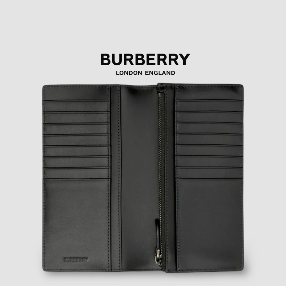👜Burberry 品牌字母徽標 經典格紋皮革長夾｜炭灰色｜對折｜黑色衍縫縫線｜16卡｜拉鍊｜錢夾｜錢包｜長夾-細節圖4