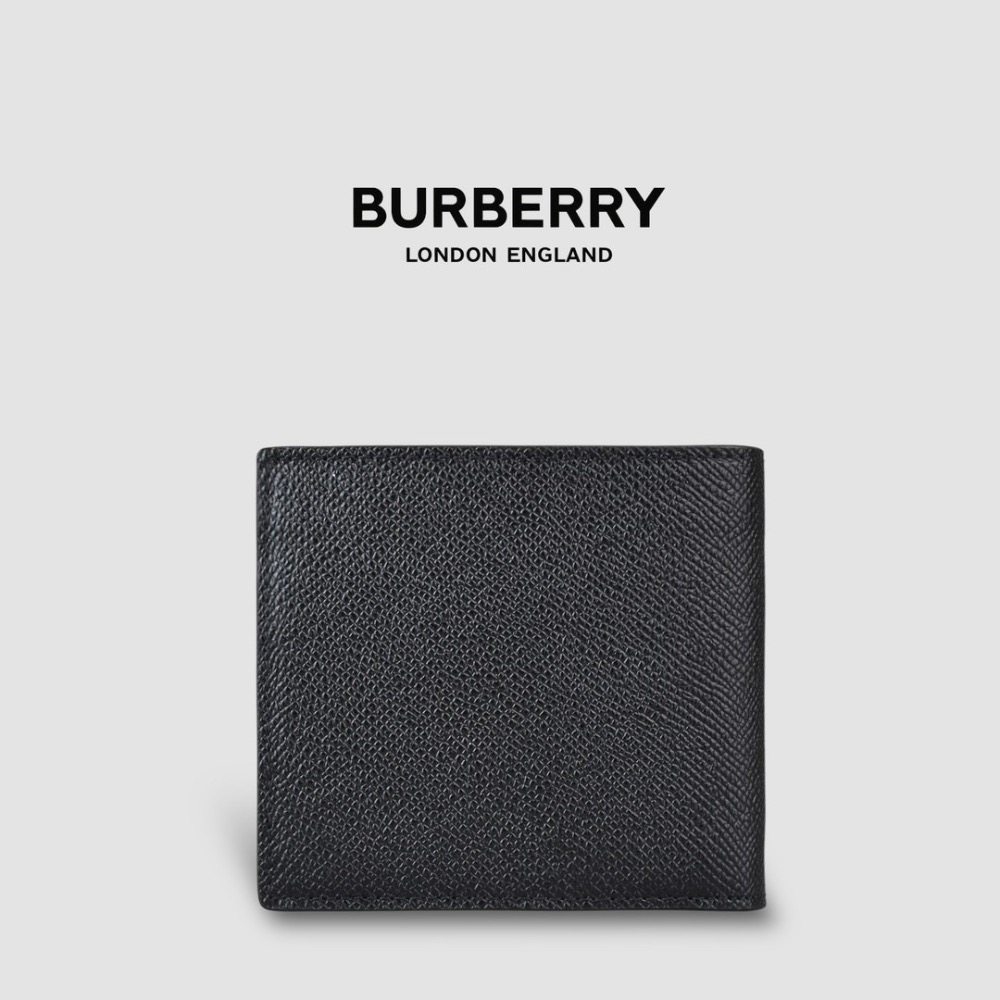 👜Burberry Bifold Wallet 燙印品牌字母徽標粒面雙摺皮夾｜黑色｜荔枝皮紋｜對折｜8卡｜短夾｜錢夾-細節圖2