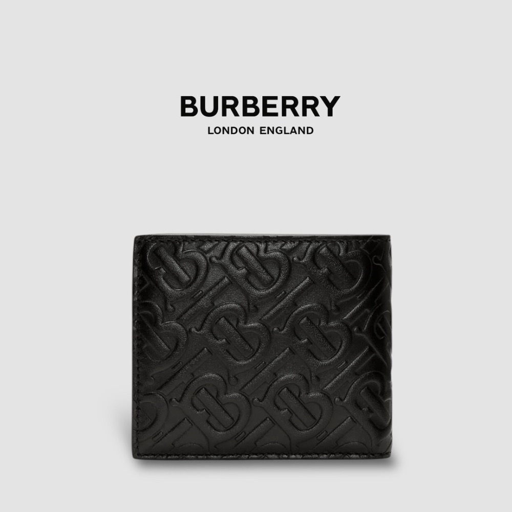 👜Burberry 壓紋皮革雙折皮夾｜黑色｜TB字紋｜對折｜8卡｜短夾｜錢夾｜錢包｜環保皮革｜男女通用款錢包-細節圖2