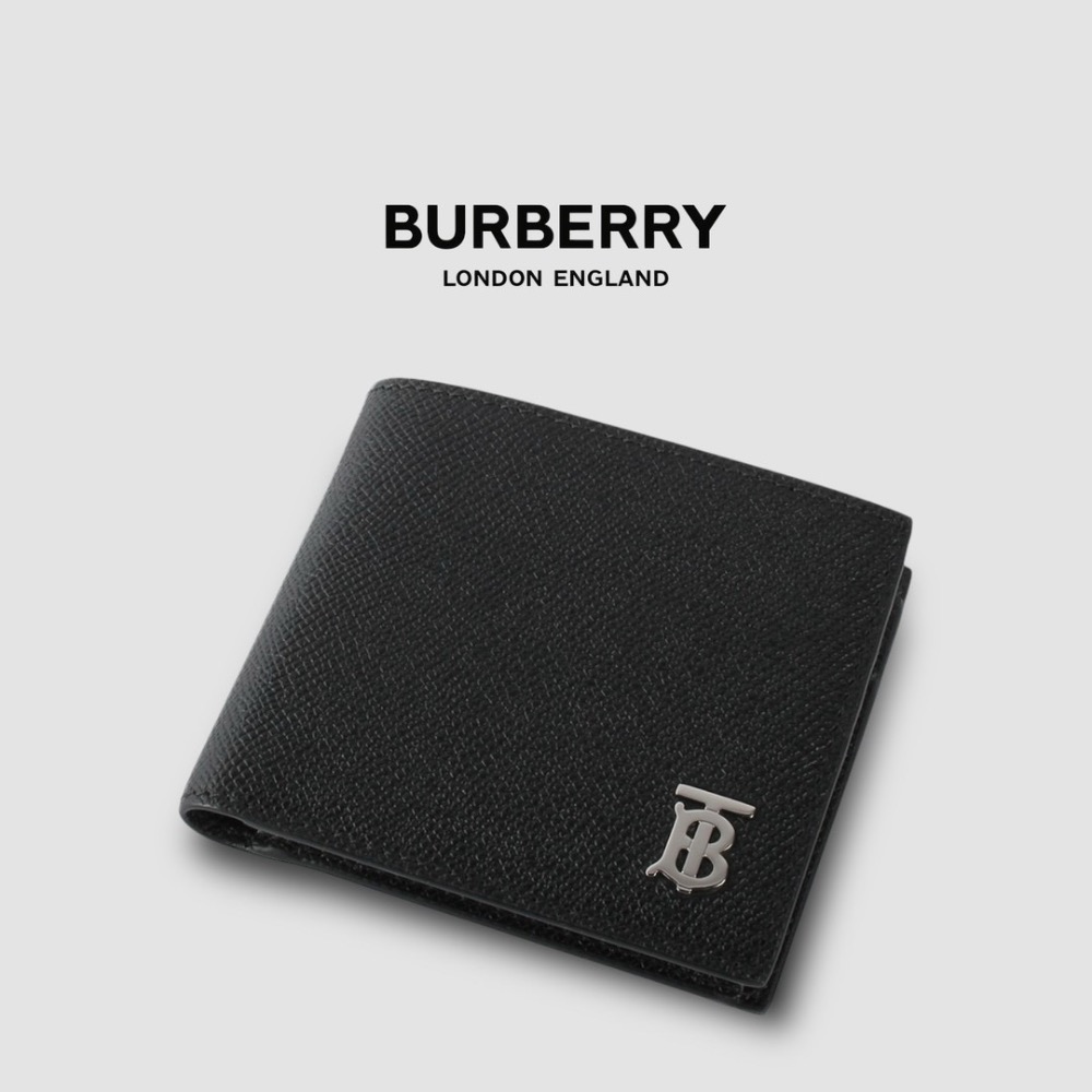 👜Burberry TB字樣粒面皮革雙折皮夾｜黑色｜荔枝紋｜TB金屬字樣｜對折｜8卡｜短夾｜錢夾｜錢包｜男女通用款錢包-細節圖2