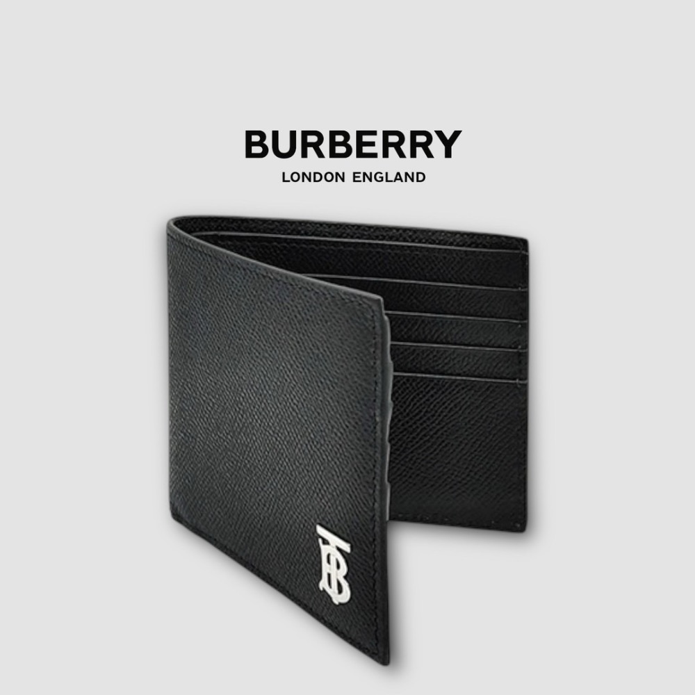 👜Burberry TB字樣粒面皮革雙折皮夾｜黑色｜荔枝紋｜TB金屬字樣｜對折｜8卡｜短夾｜錢夾｜錢包｜男女通用款錢包-細節圖3
