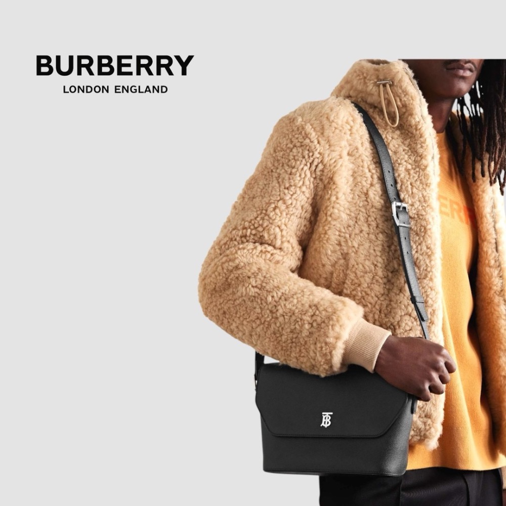 👜Burberry 黑色TB字樣銀色金屬Logo 翻蓋包｜郵差包｜肩背包｜斜肩包｜信差包｜環保皮革｜男女通用款-細節圖9