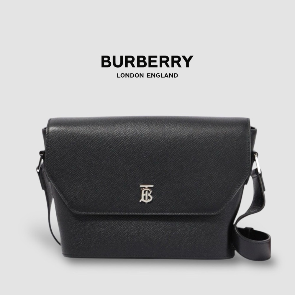👜Burberry 黑色TB字樣銀色金屬Logo 翻蓋包｜郵差包｜肩背包｜斜肩包｜信差包｜環保皮革｜男女通用款-細節圖11