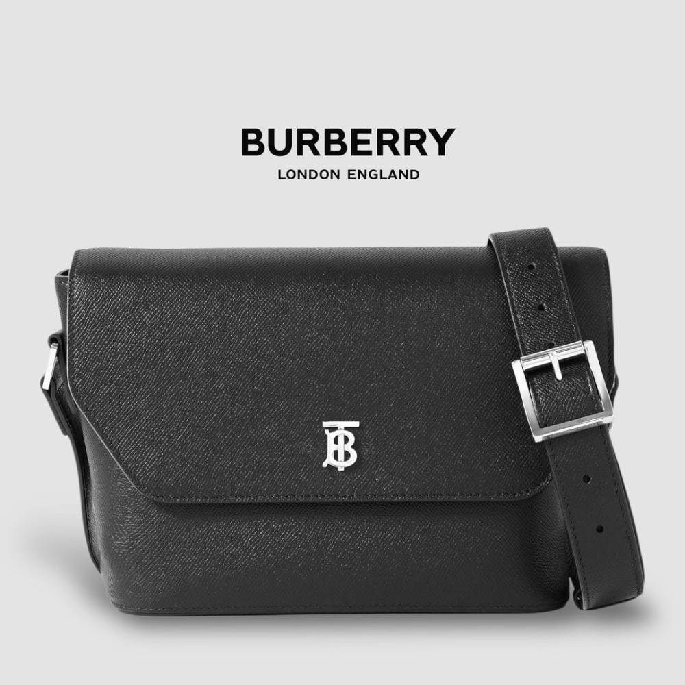 👜Burberry 黑色TB字樣銀色金屬Logo 翻蓋包｜郵差包｜肩背包｜斜肩包｜信差包｜環保皮革｜男女通用款-規格圖1