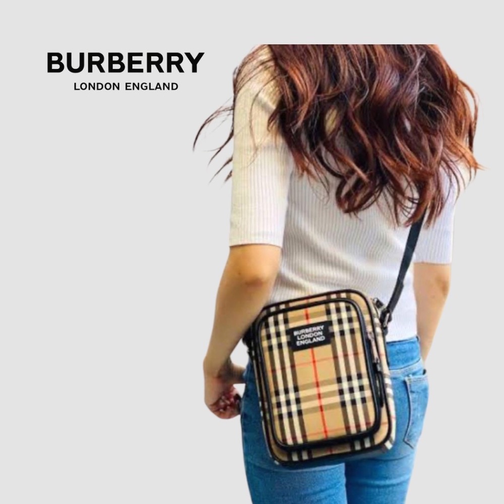 👜Burberry Freddie 復古蜂蜜棕格紋斜肩包｜📱手機包｜肩背包｜隨身包｜隨行包｜小包｜卡其色-細節圖2