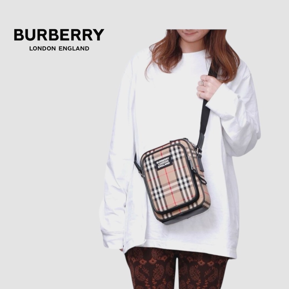 👜Burberry Freddie 復古蜂蜜棕格紋斜肩包｜📱手機包｜肩背包｜隨身包｜隨行包｜小包｜卡其色-細節圖3