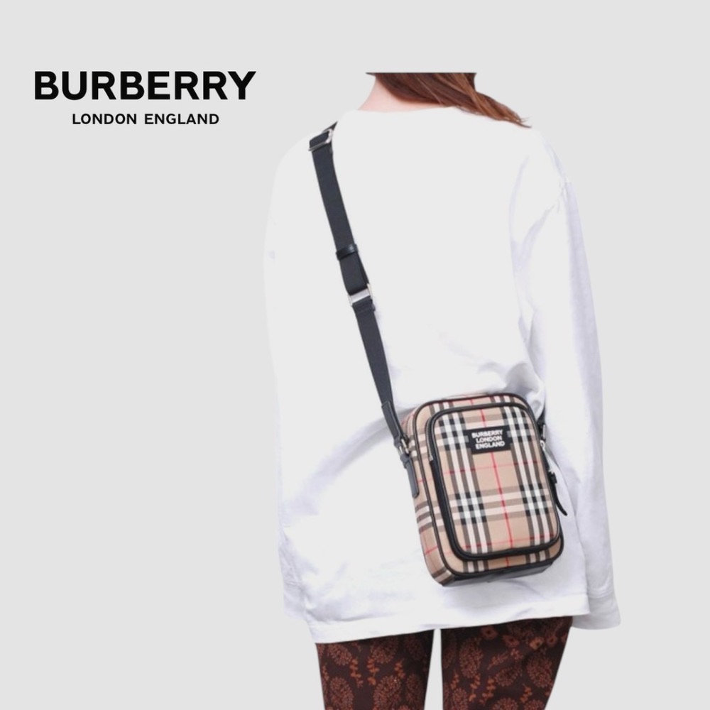 👜Burberry Freddie 復古蜂蜜棕格紋斜肩包｜📱手機包｜肩背包｜隨身包｜隨行包｜小包｜卡其色-細節圖4