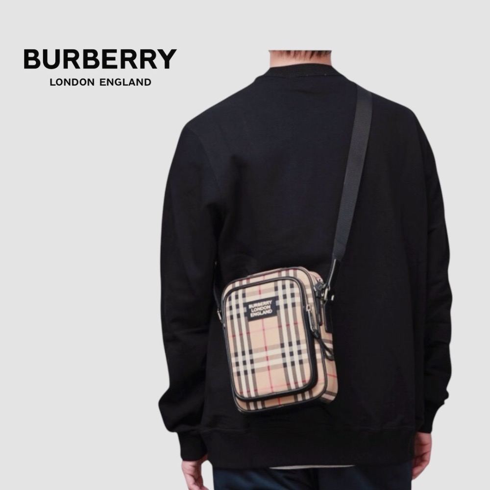 👜Burberry Freddie 復古蜂蜜棕格紋斜肩包｜📱手機包｜肩背包｜隨身包｜隨行包｜小包｜卡其色-細節圖7