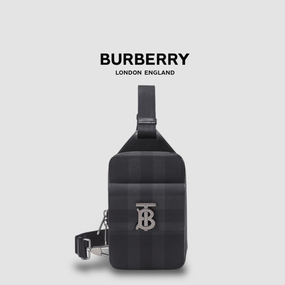 👜Burberry 黑色拋光皮革TB金屬字樣小袋｜黑色｜炭灰格紋｜手機包｜輕便小包｜隨行包｜斜肩包｜肩揹包｜再生皮革-細節圖2