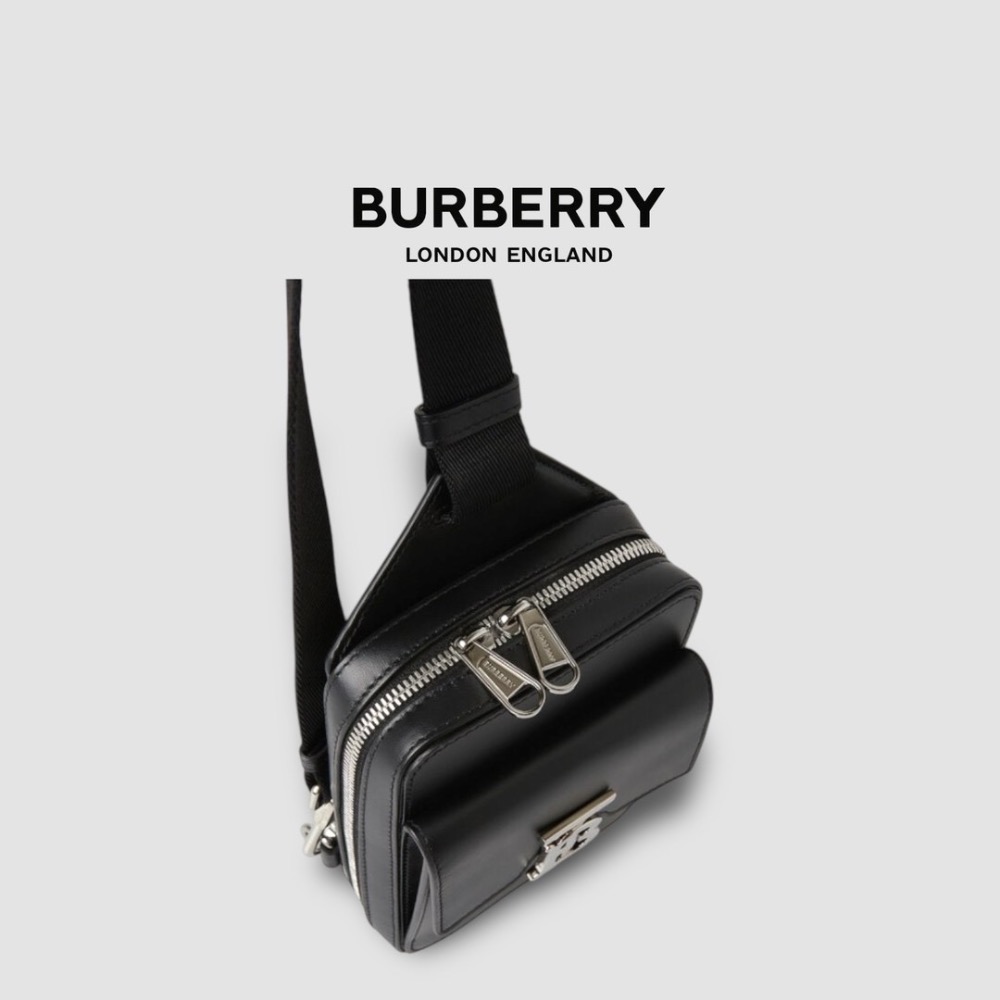 👜Burberry 黑色拋光皮革TB金屬字樣小袋｜黑色｜炭灰格紋｜手機包｜輕便小包｜隨行包｜斜肩包｜肩揹包｜再生皮革-細節圖5