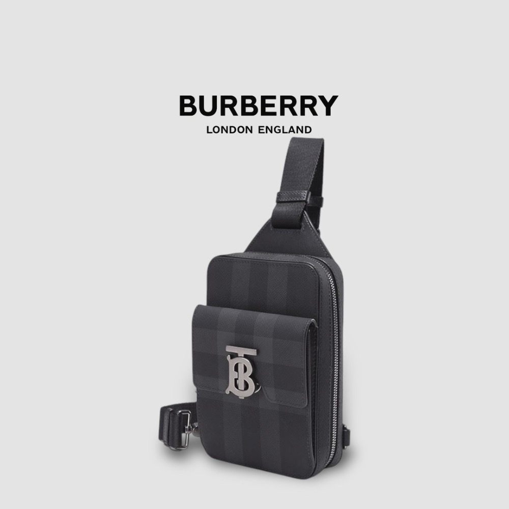 👜Burberry 黑色拋光皮革TB金屬字樣小袋｜黑色｜炭灰格紋｜手機包｜輕便小包｜隨行包｜斜肩包｜肩揹包｜再生皮革-細節圖6