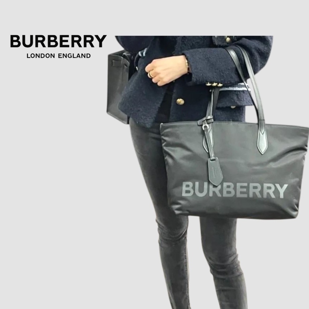 👜Burberry 經典LOGO字樣尼龍托特包｜手提包｜肩背包｜黑色｜防潑水｜男女通用款-細節圖4