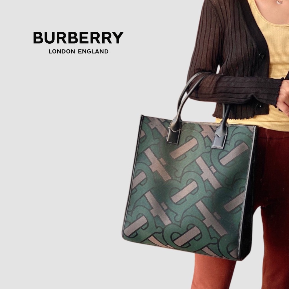 👜Burberry Tote TB 字樣緹花軍綠色手提肩背兩用托特包｜手提包｜斜肩包｜肩背包｜橄欖綠｜男女通用款式-細節圖2