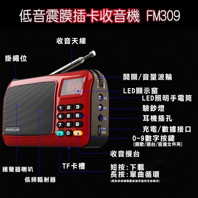 現貨 領折價劵 HANLIN FM309 重低音震膜插卡收音機-細節圖7