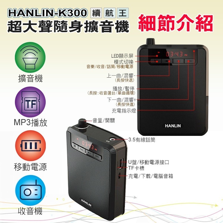 現貨 領折價券 HANLIN K300 續航王-超大聲隨身擴音機 最高達125分貝 MP3 移動電源 收音機-細節圖11