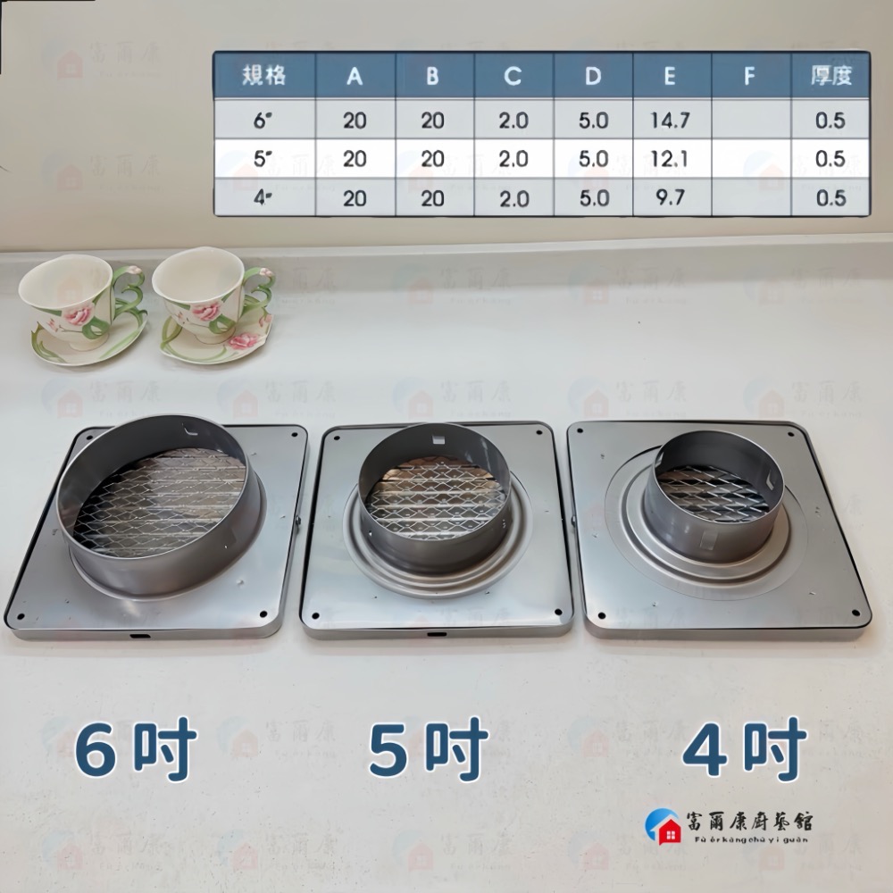 【富爾康】台灣製造•4＂ 5＂ 6＂四角平面不銹鋼外氣口小可愛平面外氣罩方型排煙罩不銹鋼通氣罩換氣口換氣罩小金剛-細節圖3