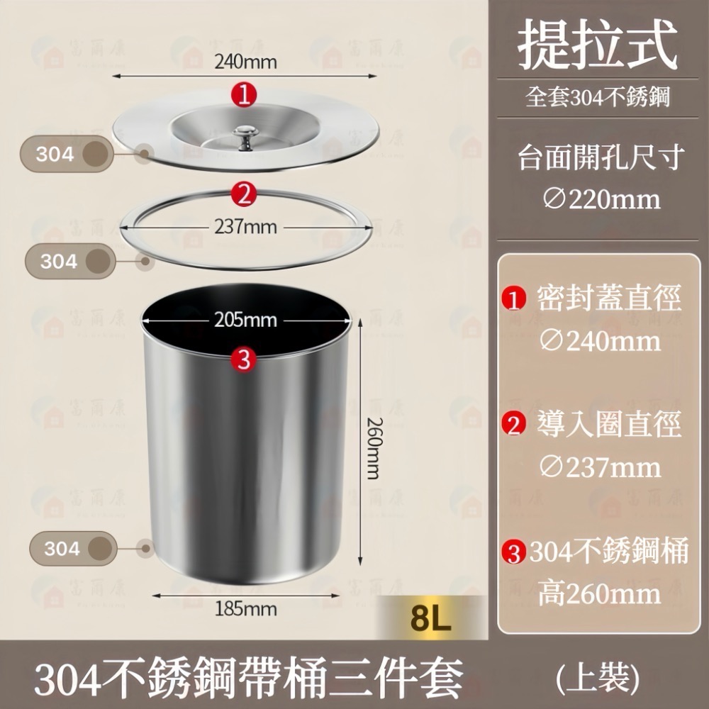 ￼【富爾康】304不銹鋼廚房檯面崁入式垃圾桶櫥櫃家用內置桌面隱藏水槽清潔桶內嵌廚餘桶防臭垃圾桶收納桶隱藏式垃圾桶清潔桶崁-規格圖8
