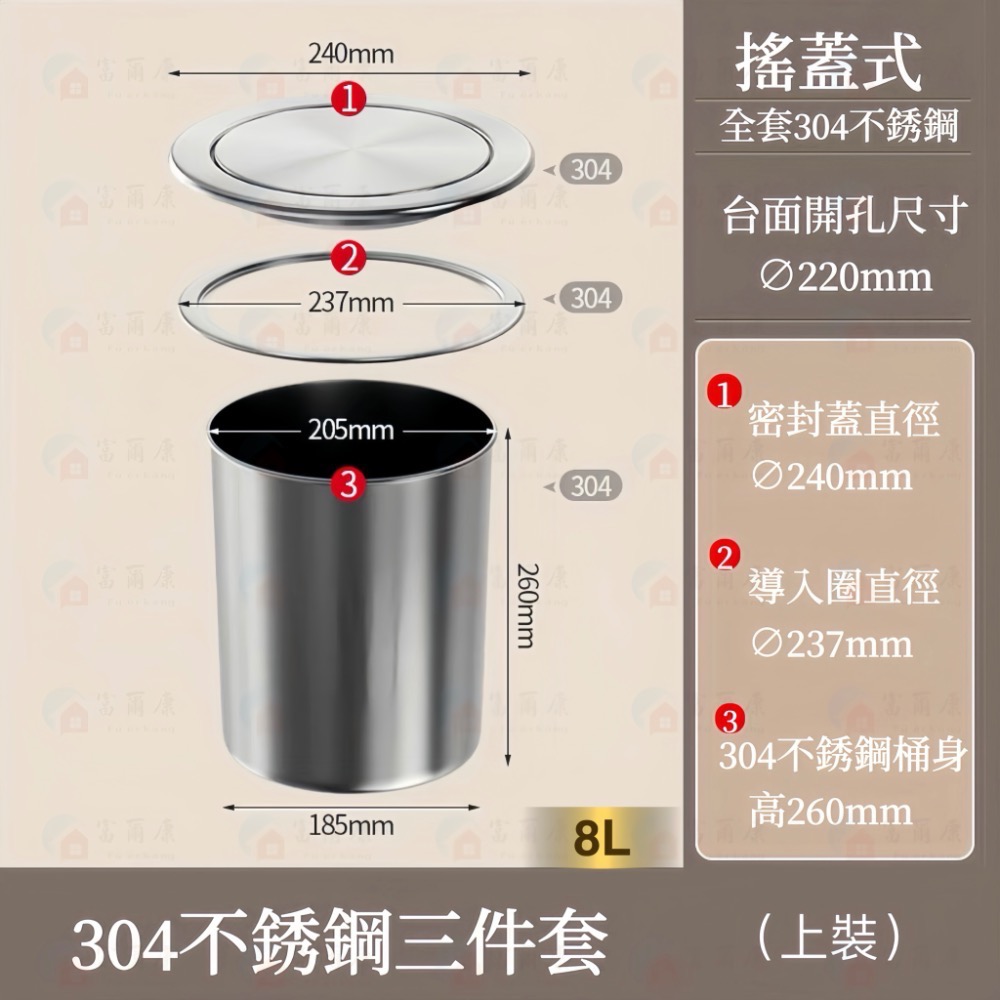 ￼【富爾康】304不銹鋼廚房檯面崁入式垃圾桶櫥櫃家用內置桌面隱藏水槽清潔桶內嵌廚餘桶防臭垃圾桶收納桶隱藏式垃圾桶清潔桶崁-規格圖8