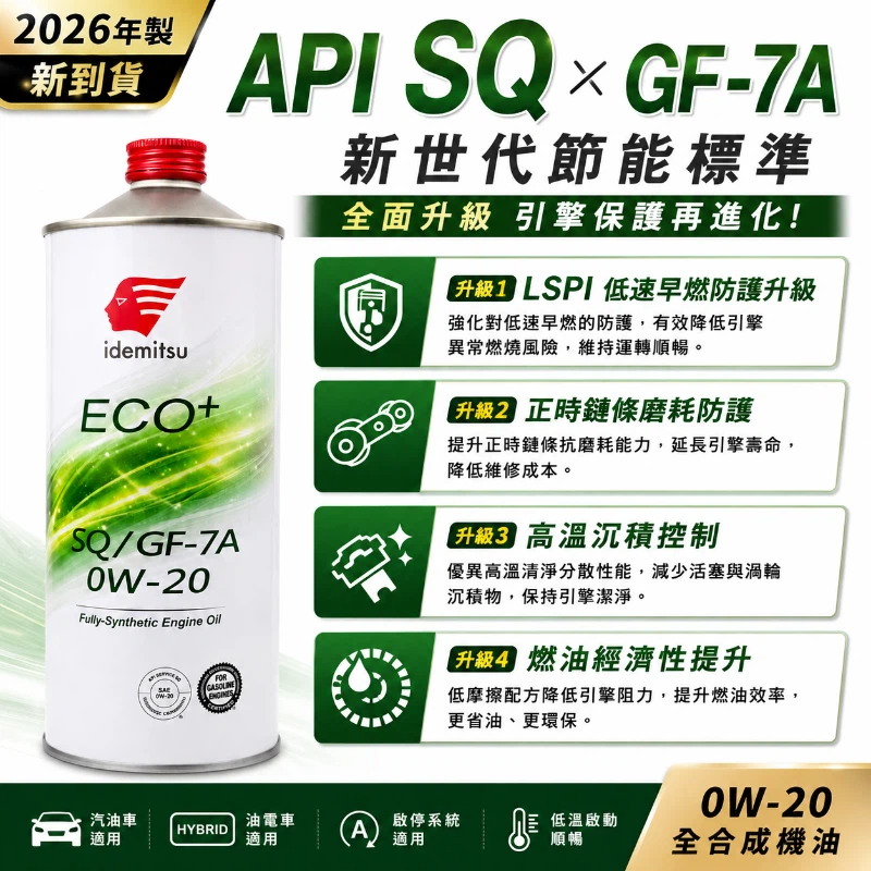 出光 IDEMITSU ECO+ 0W-20 API SQ ILSAC GF-7A 全合成機油 油電車 啟停 節能 1L-細節圖2