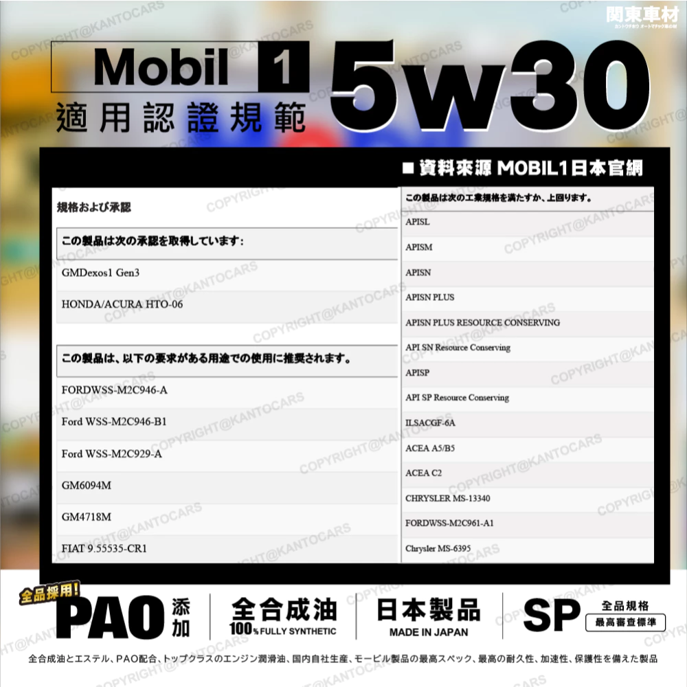 最新到港【日本製 SP認證】+發票 美孚 5w30 Mobil 1 5W-30 4升 全合成 汽車 頂級 機油 關東車材-細節圖3