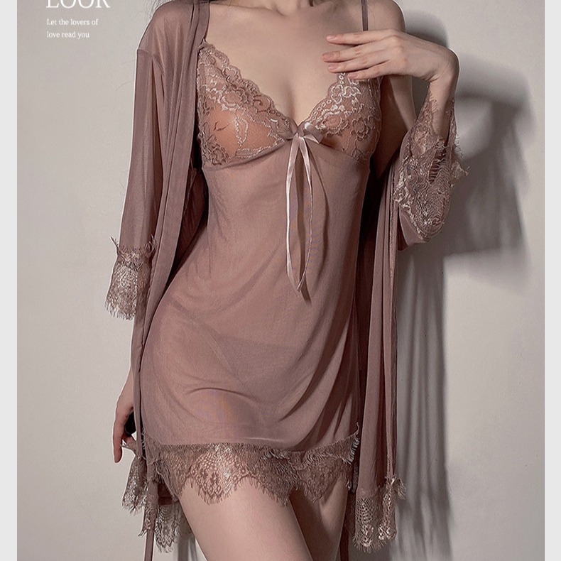 現貨□透膚顯白□謬思女神法式薄紗三件式睡衣(送丁字褲) 三色可選 透膚睡裙套裝 蕾絲睡裙-細節圖4